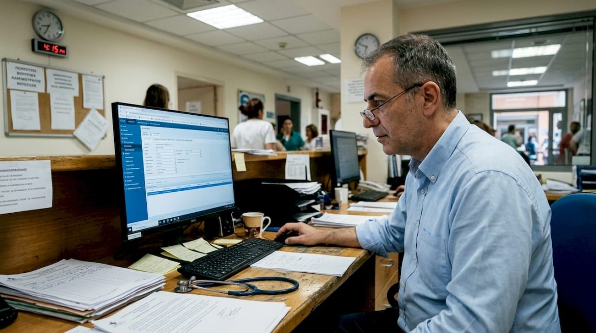 Greek doctor working on electronic health record